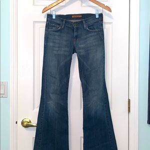 Flared cut low rise jeans.